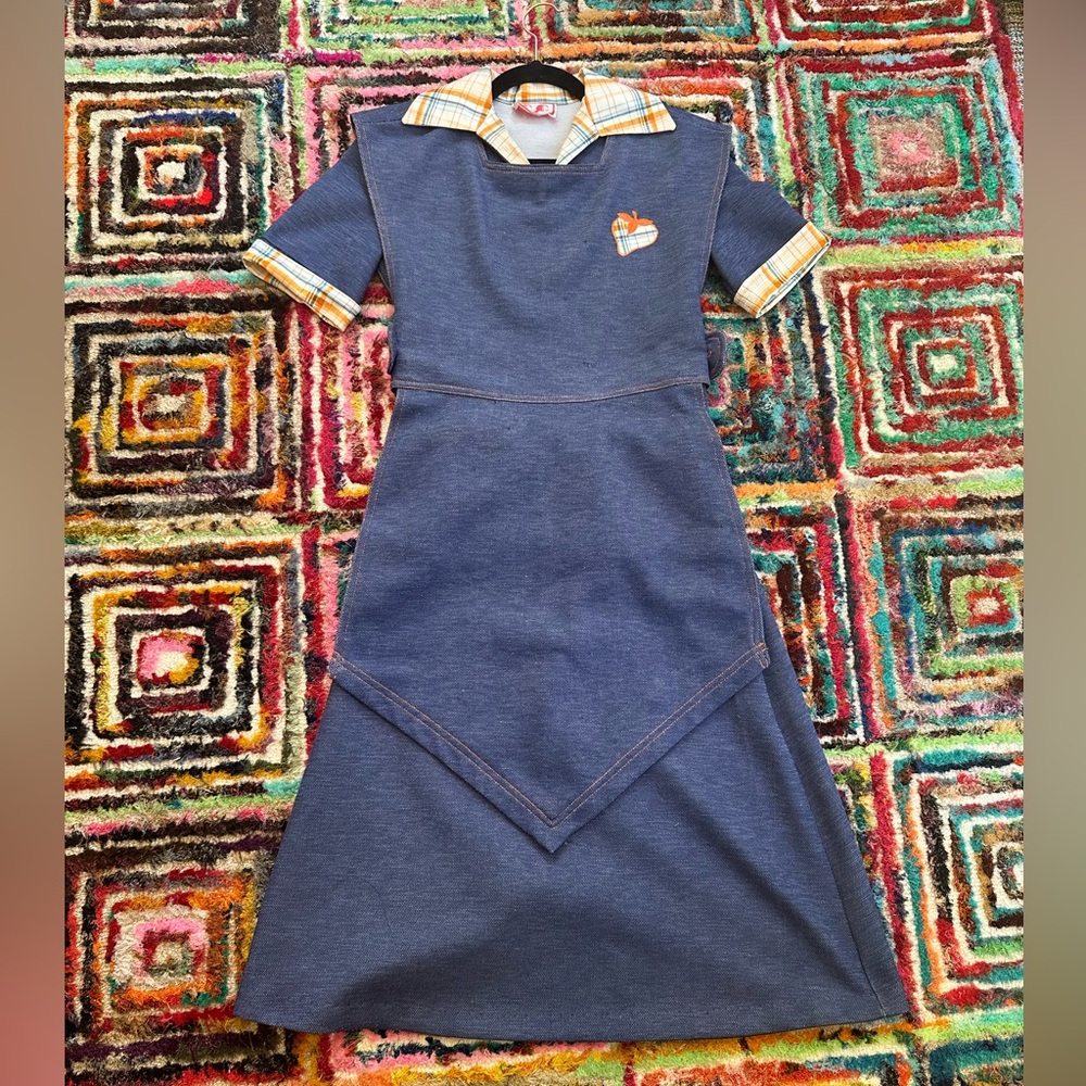 Navy Midi Dress with Plaid Collar and Cuff Details